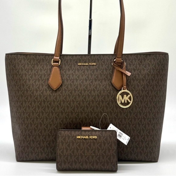 Michael Kors Sheila Large Signature Logo Tote Bag & Matching Bifold Wallet Brown - Picture 1 of 13